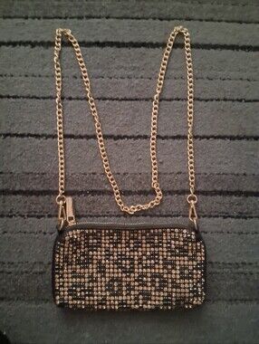 NWOT Black Cheetah Lepoard Print Rhinestone Gold Chain Crossbody Bag